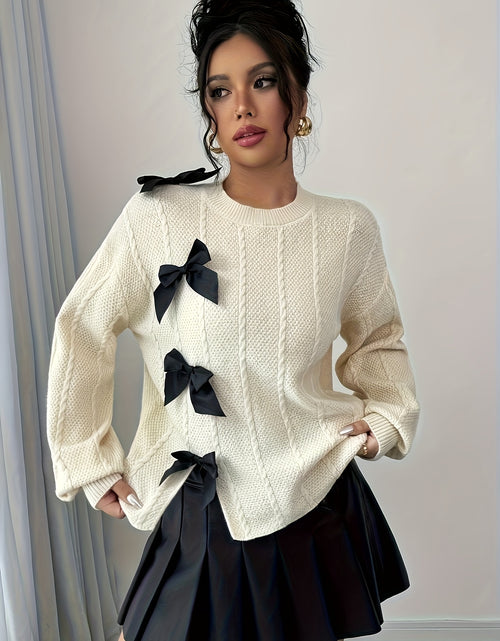 Load image into Gallery viewer, Women High-end Elegant Gentle Style Round Neck Bow Versatile Pullover Sweater
