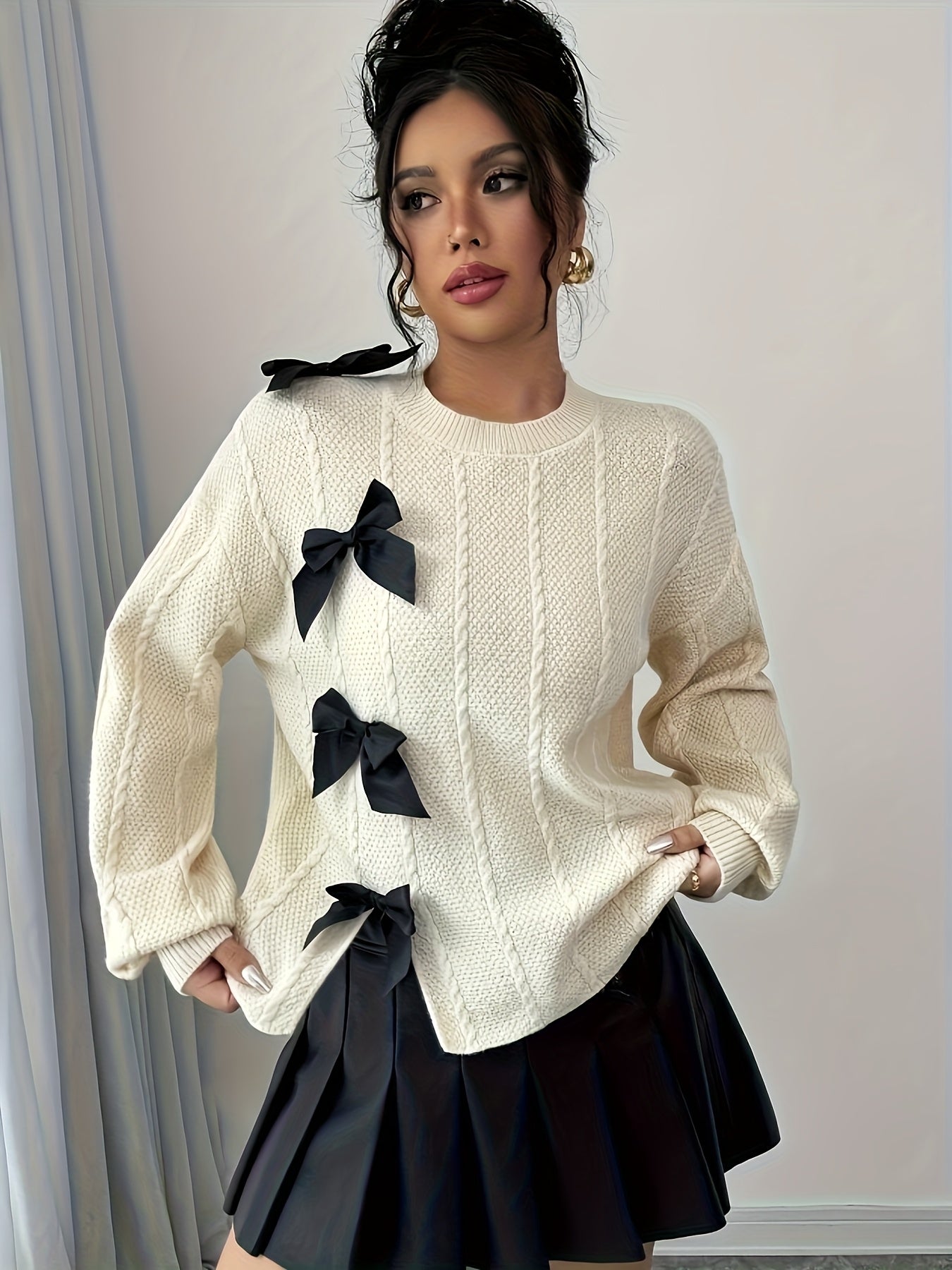 Women High-end Elegant Gentle Style Round Neck Bow Versatile Pullover Sweater