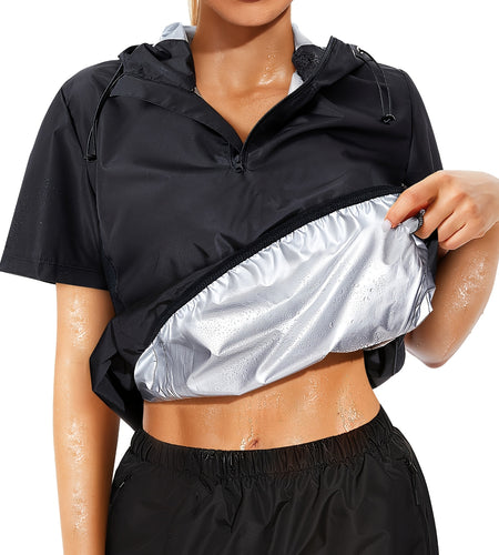 Plus Size Women's Sauna Jacket - Workout Top with Zipper Front, Moisture-Wicking Polyester, Stand Collar & Short Sleeves for Gym, Casual Wear - All-Season Body Shaper, Gym Apparel, Sleek Sporty Design, Medium Elasticity