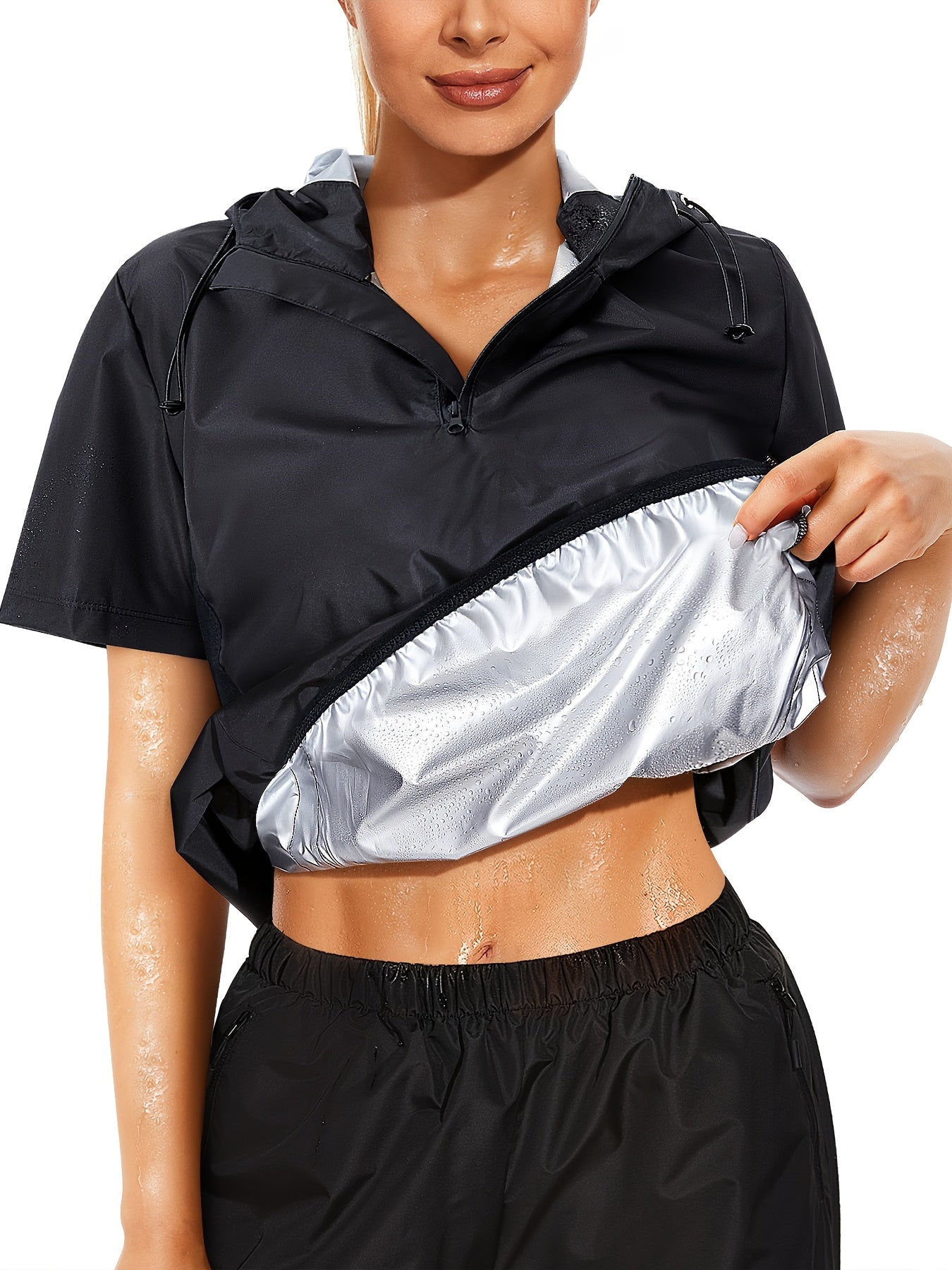 Plus Size Women's Sauna Jacket - Workout Top with Zipper Front, Moisture-Wicking Polyester, Stand Collar & Short Sleeves for Gym, Casual Wear - All-Season Body Shaper, Gym Apparel, Sleek Sporty Design, Medium Elasticity