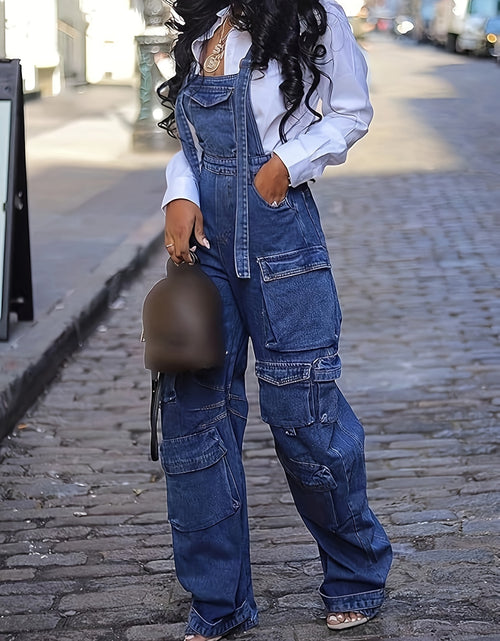Load image into Gallery viewer, Stylish Denim Overalls Loose Fit Women&#39;s Blue Denim Overalls - Wide Leg Cargo Jumpsuit with Adjustable Straps, Flap Pockets, Non-Stretch Fabric, Perfect for Casual Streetwear

