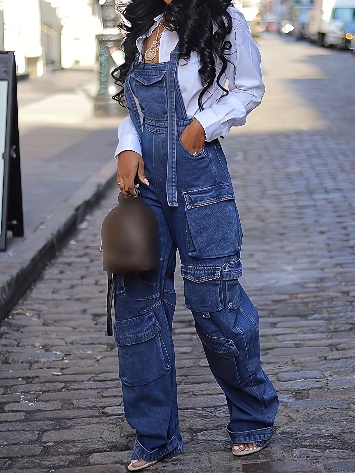 Stylish Denim Overalls Loose Fit Women's Blue Denim Overalls - Wide Leg Cargo Jumpsuit with Adjustable Straps, Flap Pockets, Non-Stretch Fabric, Perfect for Casual Streetwear