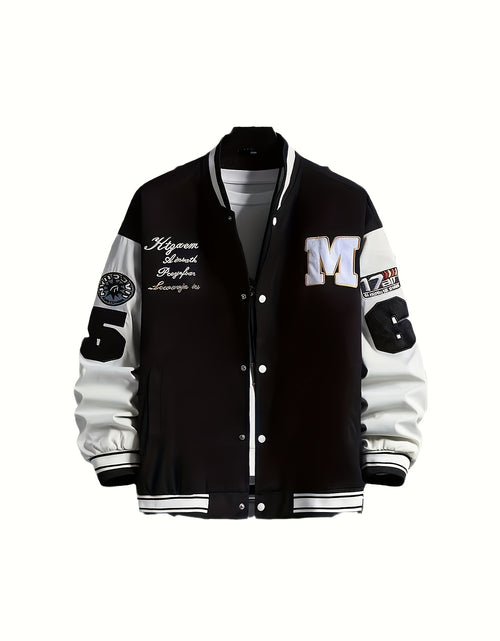 Load image into Gallery viewer, Plus Size Men Baseball Jacket, Casual Polyester Stand Collar with Snap Closure, Non-Stretch Woven Fabric, Loose Fit, with Monogram Patches, for Spring/Fall - Men Sports &amp; Active
