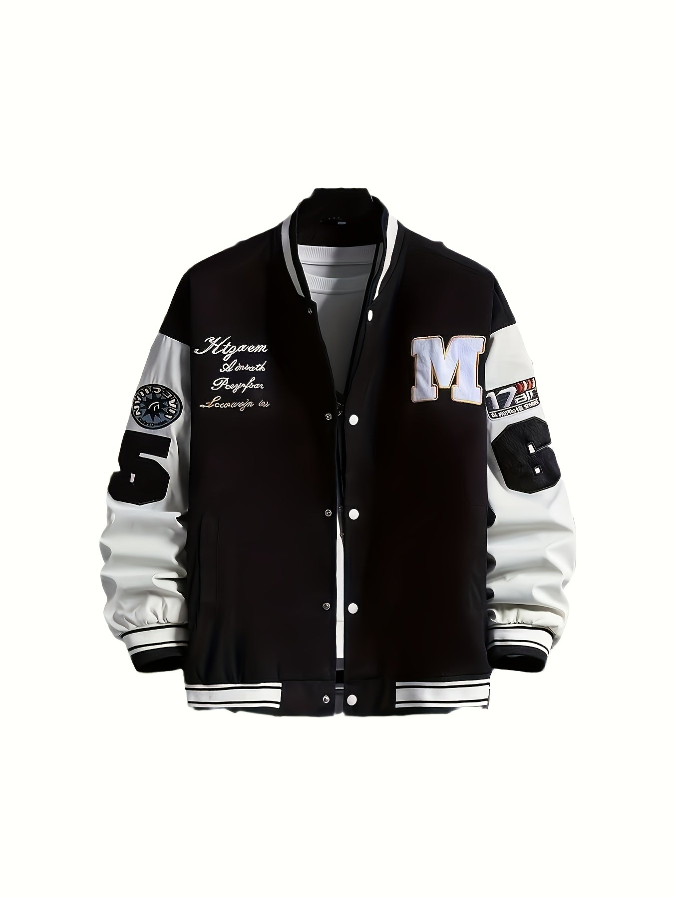 Plus Size Men Baseball Jacket, Casual Polyester Stand Collar with Snap Closure, Non-Stretch Woven Fabric, Loose Fit, with Monogram Patches, for Spring/Fall - Men Sports & Active