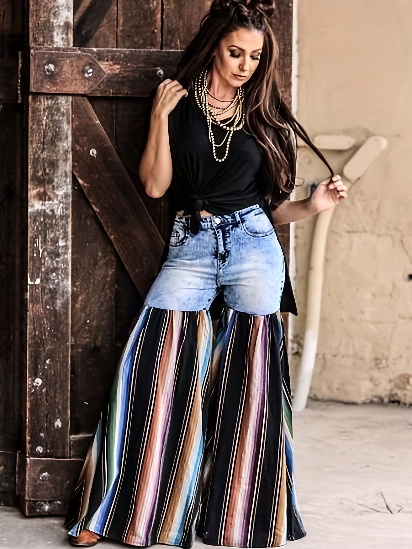 Women's Patchwork Jeans, Street Distressed Patchwork Flared Wide-leg Pants