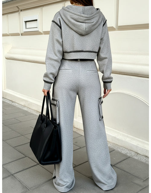 Load image into Gallery viewer, Gray Cropped Hooded Zipper Contrast Black Stripe Top + Utility Wide-Leg Pants Women's Set | Edgy Utility Niche Design, Ideal for Trendy Streetwear, Casual Gatherings &amp; Daily Styling Looks
