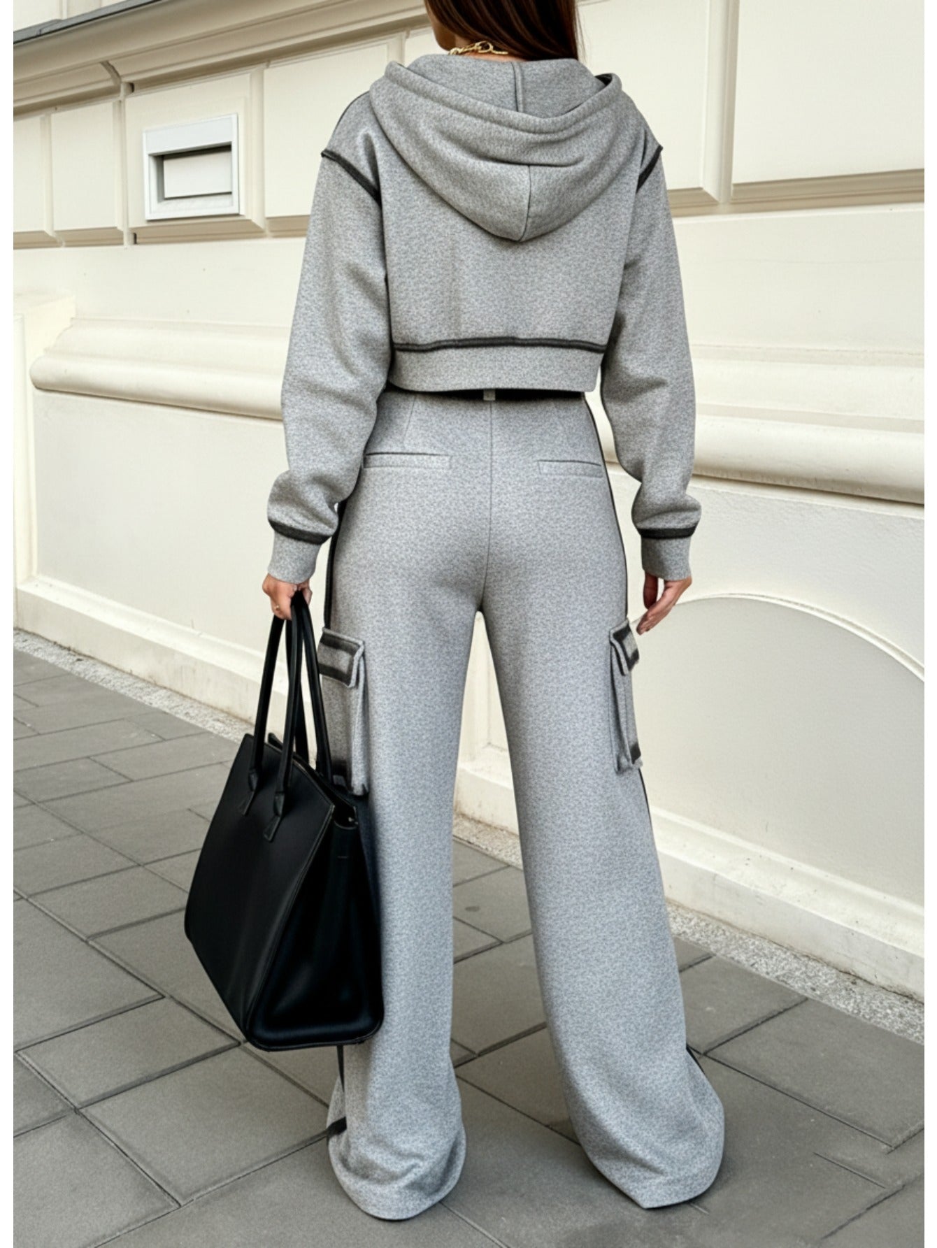 Gray Cropped Hooded Zipper Contrast Black Stripe Top + Utility Wide-Leg Pants Women's Set | Edgy Utility Niche Design, Ideal for Trendy Streetwear, Casual Gatherings & Daily Styling Looks