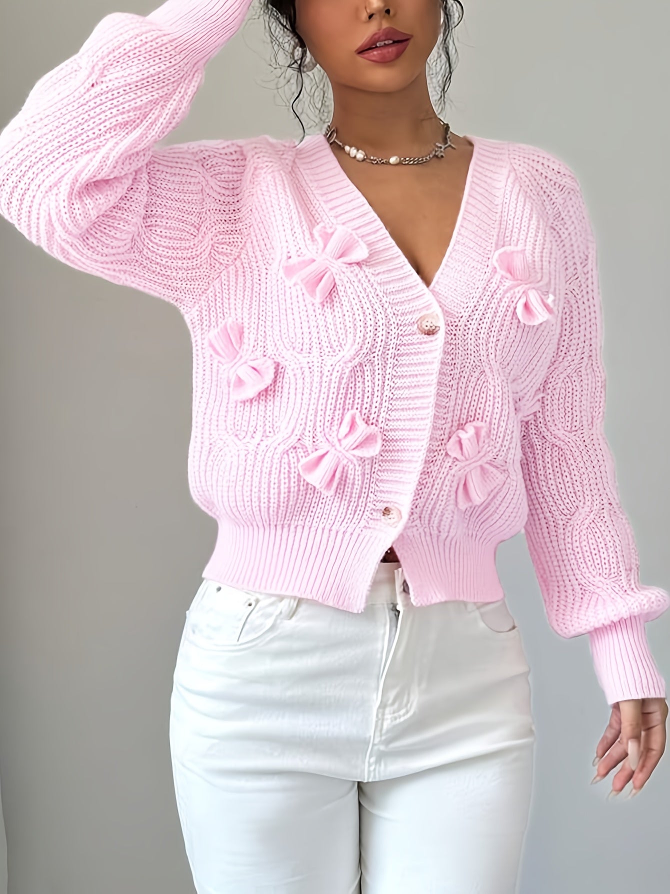 Women's Elegant Soft Pink Sweater Cardigan - Chic V-Open Front Neckline, Long Sleeve Layering Piece for Fall/Winter, Non-Transparent Sweater for Everyday & Formal Outfits, Winter Apparel, Ribbed Texture, Durable Knitwear