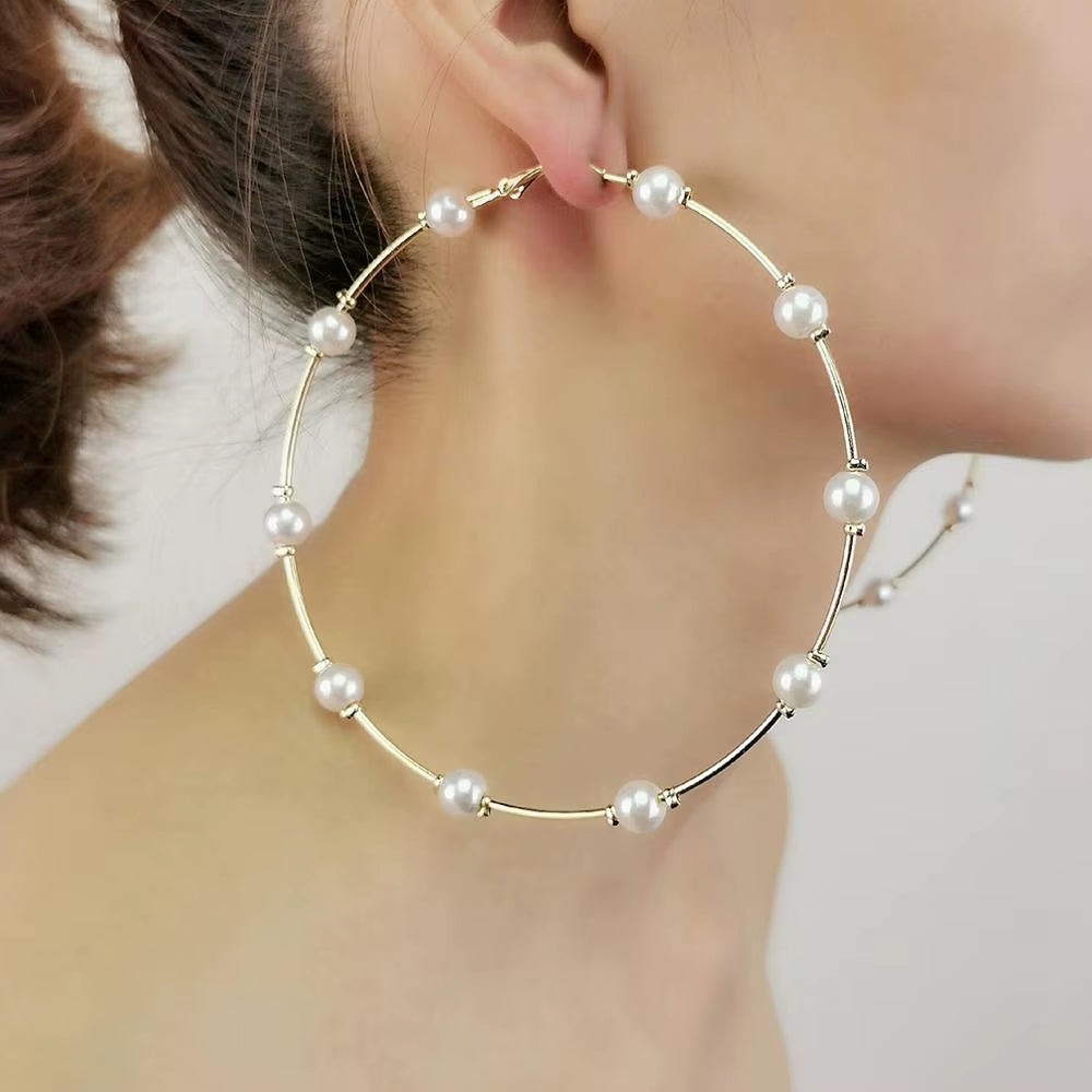 10Cm Imitation Pearl Big Hoop Earrings for Women Large Statement Earrings Hoops Brincos 2023 Oversize Jewelry Gold Color