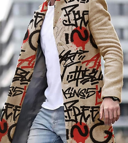 Men's Urban Streetwear Graffiti Coat - Beige with Black & Red Lapel Button Jacket, Loose Fit Long Winter Coat for Autumn/Cold Weather, Machine Washable Hip-Hop Outerwear
