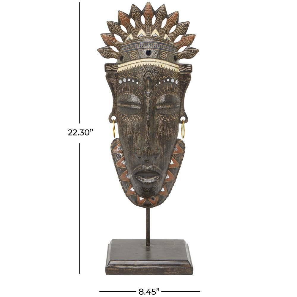 6 In. X 22 In. Brown Polystone Primitive African Mask Sculpture