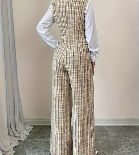 Elegant Women Printed Vest And Pants Two-piece Set A Fashionable Autumn Office Outfit. It Features Button Details, And An Elegant Style (shirt Not Included, for Matching Display Only).