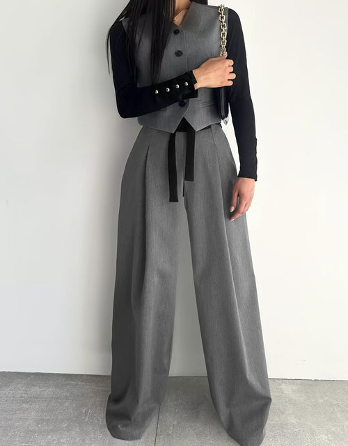 Load image into Gallery viewer, Women's High-Waisted Wide Leg Pants with Adjustable Tie Waist &amp; Pockets - Casual to Business Casual Loose Fit Trousers, Solid Color All-Season Machine Washable, Business Casual Trousers | Pleated Pants | Functional Pockets Tr
