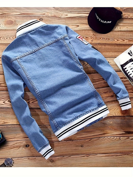 Men Vintage Distressed Denim Jacket - Slim Fit Biker Streetwear with Embroidered Design, Classic Baseball Uniform Style, Blue Casual Jacket for Trendy Outfits