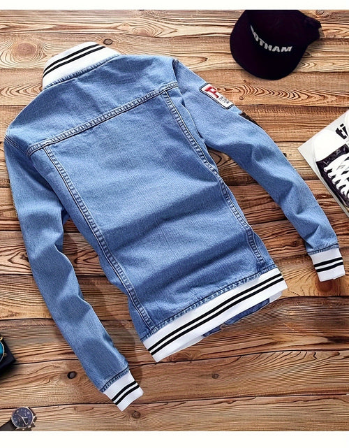 Load image into Gallery viewer, Men Vintage Distressed Denim Jacket - Slim Fit Biker Streetwear with Embroidered Design, Classic Baseball Uniform Style, Blue Casual Jacket for Trendy Outfits
