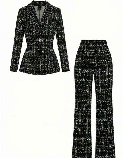 Load image into Gallery viewer, 2pcs Women&#39;s Black &amp; White Plaid Suit Jacket and Wide-Leg Pants - Collar Button-Front Coat, Hand Washable Winter Attire
