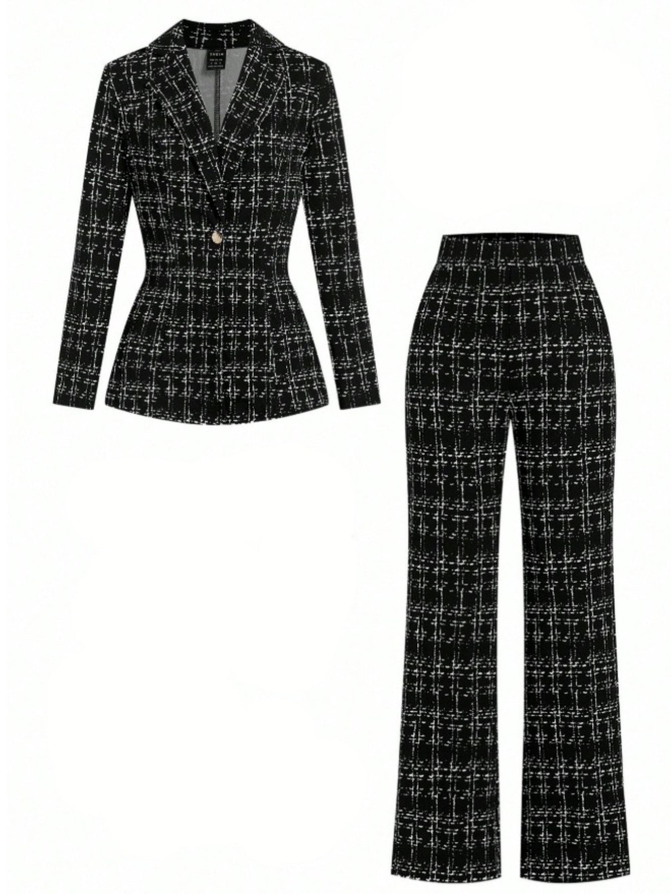 2pcs Women's Black & White Plaid Suit Jacket and Wide-Leg Pants - Collar Button-Front Coat, Hand Washable Winter Attire