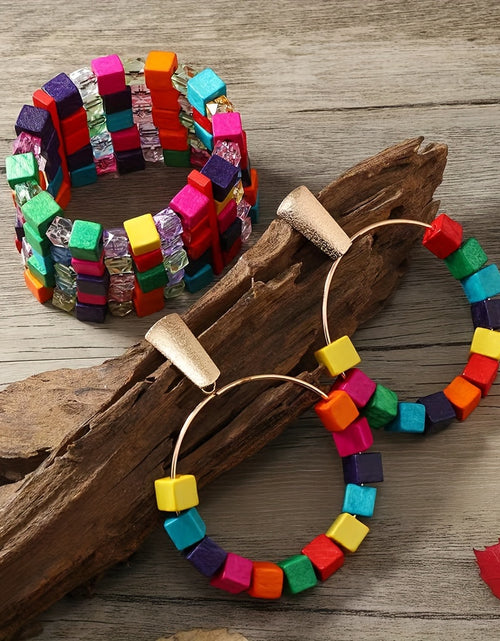 Load image into Gallery viewer, 3pcs Set Bohemian Wooden Colorful Beaded Bracelet and a Pair of Colorful Beaded Earrings Bohemian Jewelry Set
