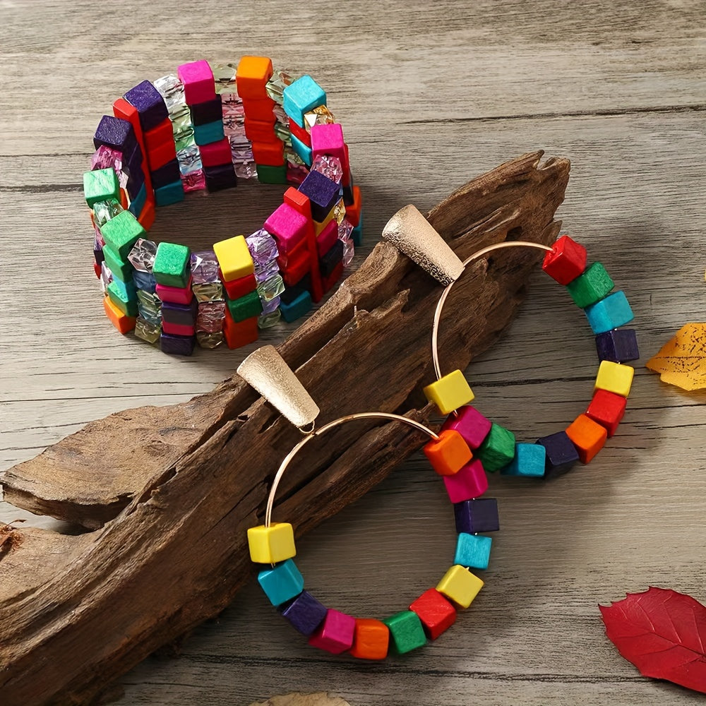 3pcs Set Bohemian Wooden Colorful Beaded Bracelet and a Pair of Colorful Beaded Earrings Bohemian Jewelry Set