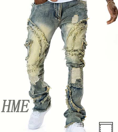 Men Slim-Fit Straight Stretch Denim Jeans with Frayed Pocket Edges & Distressed Wash - Light Wash Blue Vintage Look, All-Season Comfort, Built-In Zipper Closure