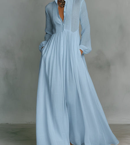 2026 New Style Waist-Cinching and Long-Sleeved Pleated Long Vacation Dress | French-Style White Midi Dress with V-Neck, Solid Color, Regular Fit