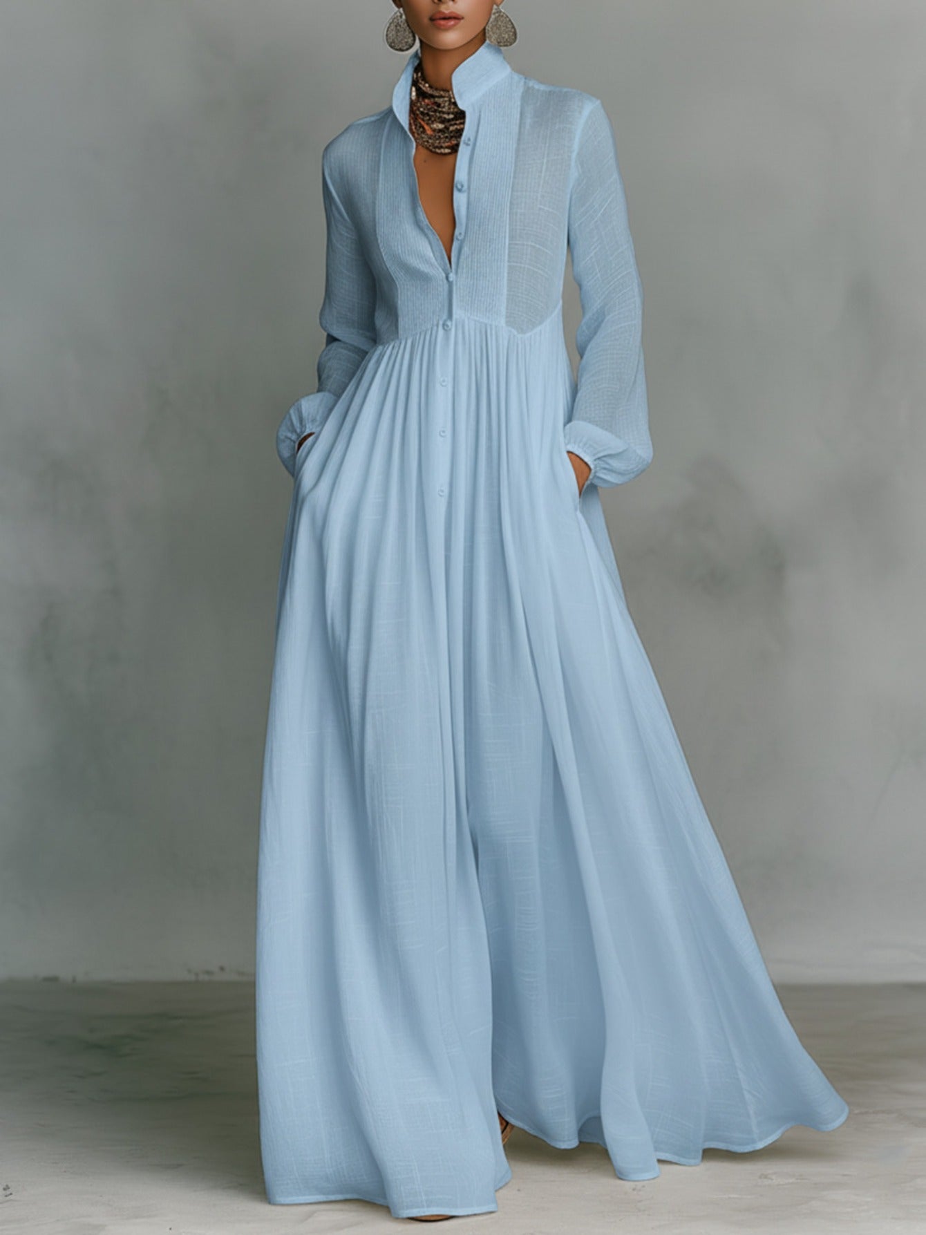 2026 New Style Waist-Cinching and Long-Sleeved Pleated Long Vacation Dress | French-Style White Midi Dress with V-Neck, Solid Color, Regular Fit
