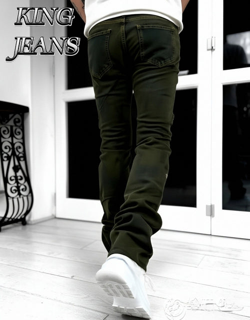 Load image into Gallery viewer, - Men Slim Straight Denim Trousers Featuring Layered Rips And Patchwork - Mid-Rise with a Zipper, Fringed Design, Ideal for Street Fashion,
