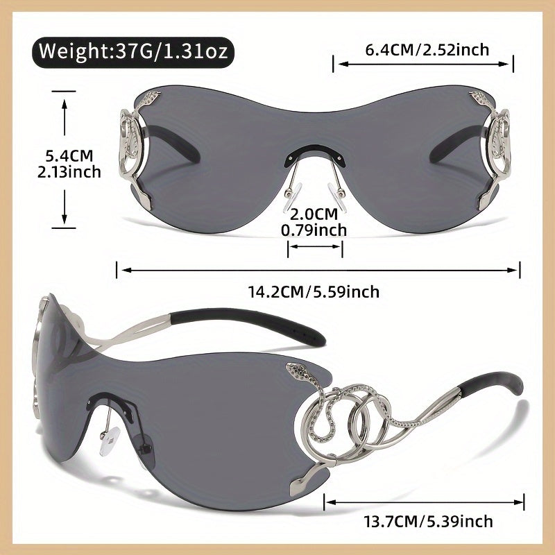 Y2K Style Frameless Glasses with Snake Design Hinges - Zinc Alloy, Clear PC Lenses, Futuristic Metallic Finish for Streetwear Fashion