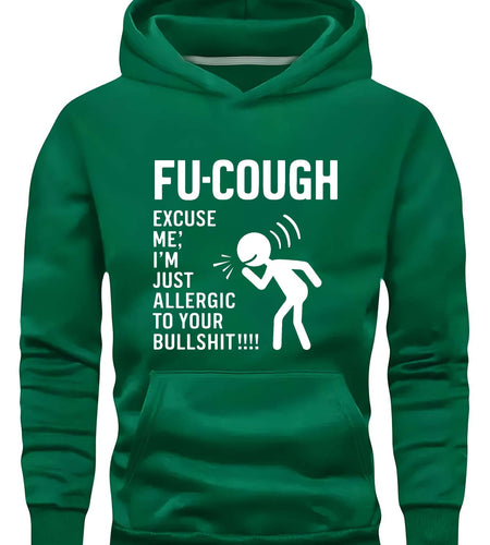 Durable, Men "FU-COUGH" Humorous Graphic Hoodie - Black Long Sleeve Casual Sweatshirt with Stick Figure Coughing Design, Polyester, Fall/Winter Wear