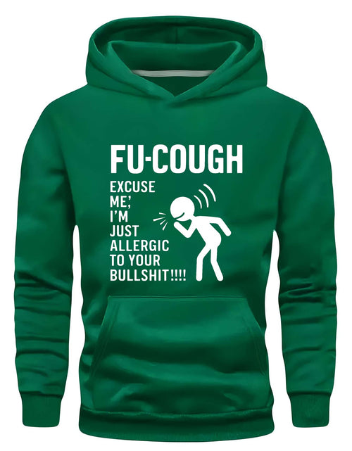 Load image into Gallery viewer, Durable, Men &quot;FU-COUGH&quot; Humorous Graphic Hoodie - Black Long Sleeve Casual Sweatshirt with Stick Figure Coughing Design, Polyester, Fall/Winter Wear
