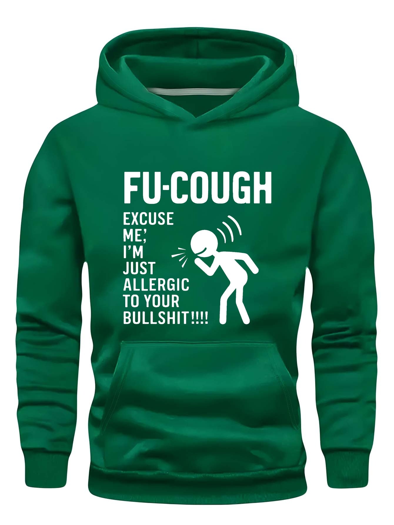 Durable, Men "FU-COUGH" Humorous Graphic Hoodie - Black Long Sleeve Casual Sweatshirt with Stick Figure Coughing Design, Polyester, Fall/Winter Wear