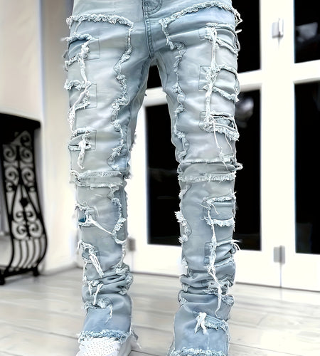 Men Casual Stretch Faux Denim with Creative Tassel Decoration, Tailored for a Slim Fit, Embodying Street Style for Hip-Hop And Skate Culture