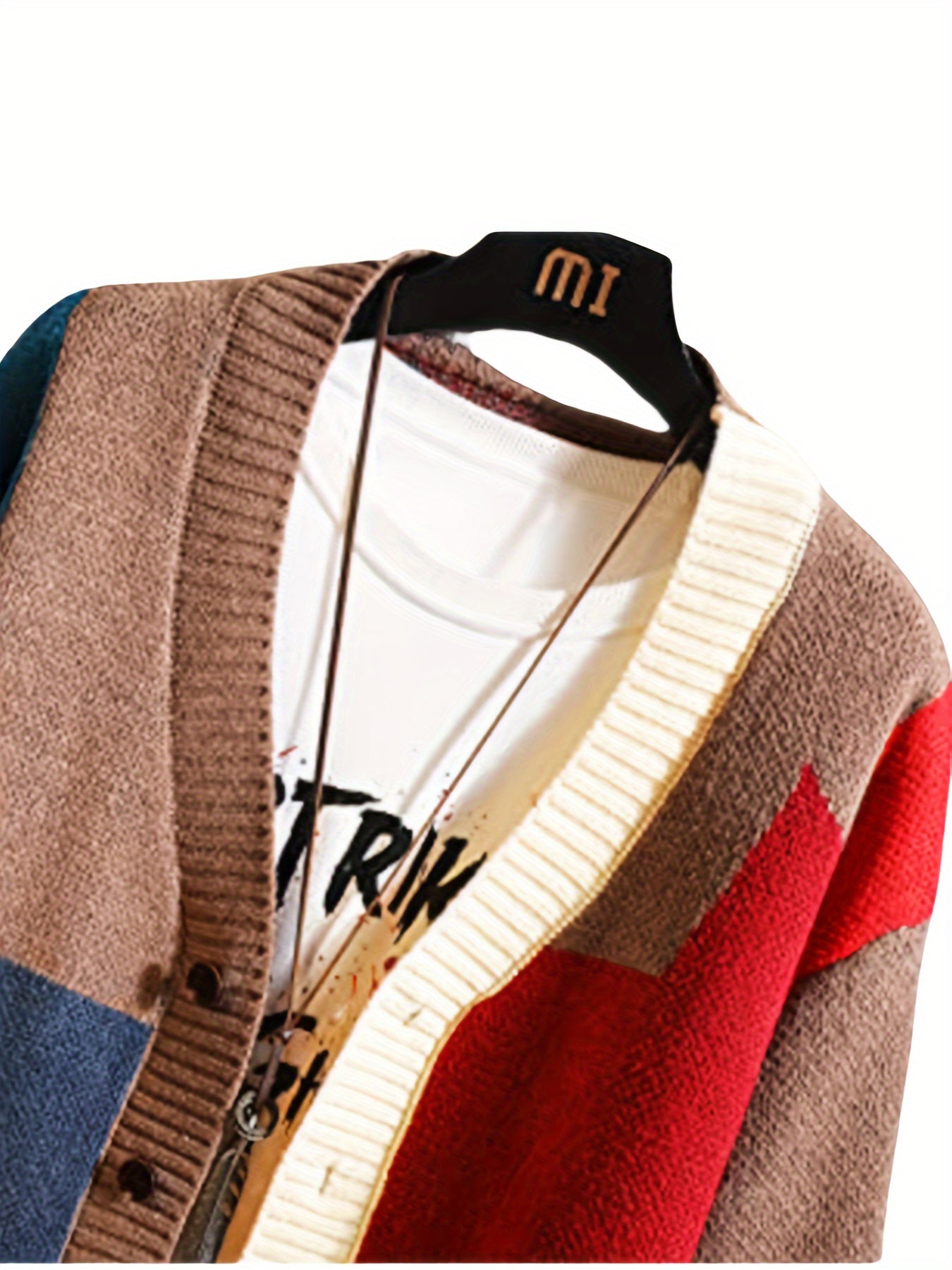 Spring and Autumn Color Block Cardigan Sweater Trendy V-Neck Knit Sweater Casual Men Clothing
