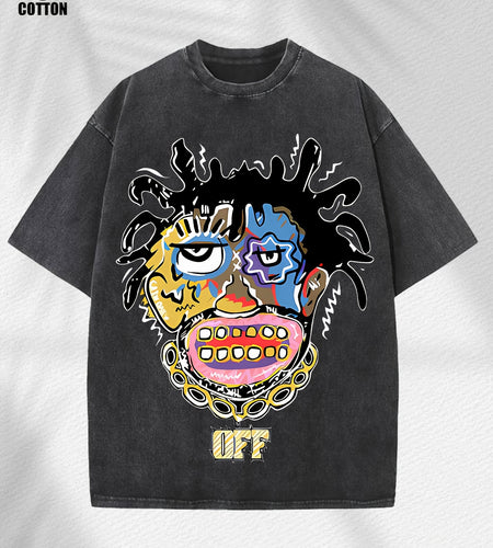 Home Relaxation | Men's Trendy Washed Cotton Graphic Tee - Blue Short Sleeve with Colorful Abstract Face & "OFF" Print, Casual Summer Shirt