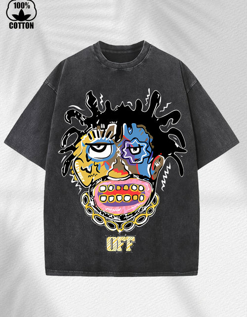 Load image into Gallery viewer, Home Relaxation | Men&#39;s Trendy Washed Cotton Graphic Tee - Blue Short Sleeve with Colorful Abstract Face &amp; &quot;OFF&quot; Print, Casual Summer Shirt
