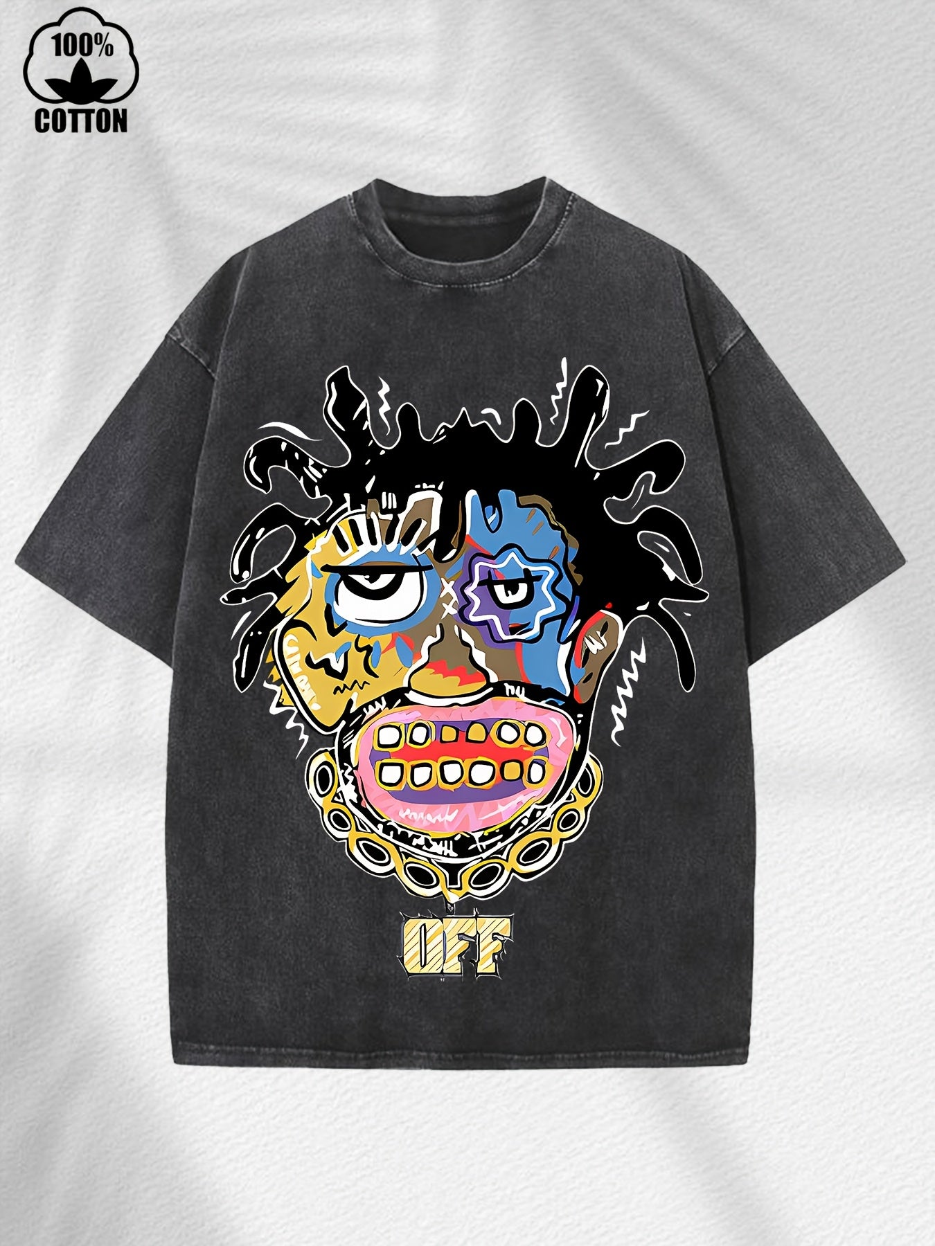Home Relaxation | Men's Trendy Washed Cotton Graphic Tee - Blue Short Sleeve with Colorful Abstract Face & "OFF" Print, Casual Summer Shirt