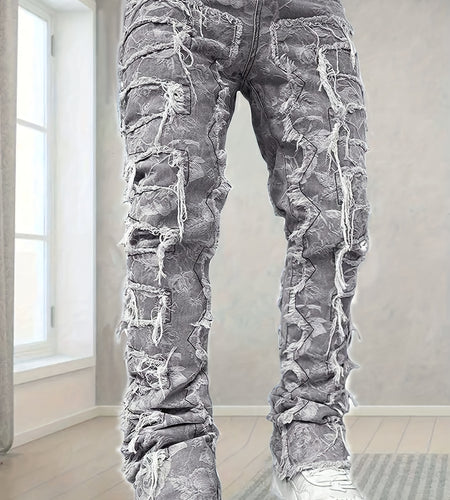 Men Distressed Denim Jeans with Frayed Hem & Tassel Details - Slim Fit Streetwear Style, Non-Stretch Fabric,  Casual Wear, Distressed Jeans, Streetwear Fashion,  Durable Fabric