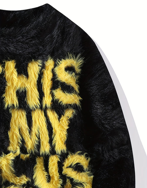 Load image into Gallery viewer, Men&#39;s Thick Fuzzy Sweater with Fleece &amp; &quot;THIS IS MY FOCUS&quot; Letter Print - White/Black Winter Warm Coat Jacket-like Collar, Loose Fit Round Neck Pullover for Casual &amp; Wear (No-Sew Design)
