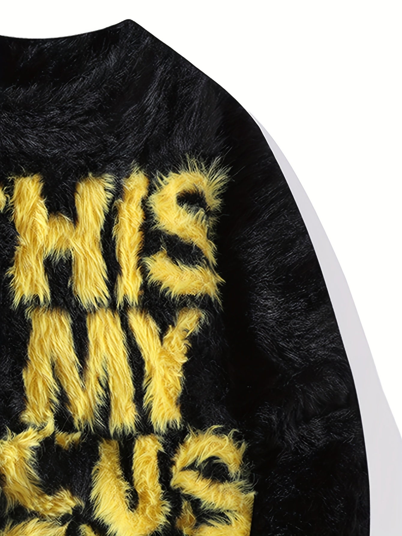 Men's Thick Fuzzy Sweater with Fleece & "THIS IS MY FOCUS" Letter Print - White/Black Winter Warm Coat Jacket-like Collar, Loose Fit Round Neck Pullover for Casual & Wear (No-Sew Design)