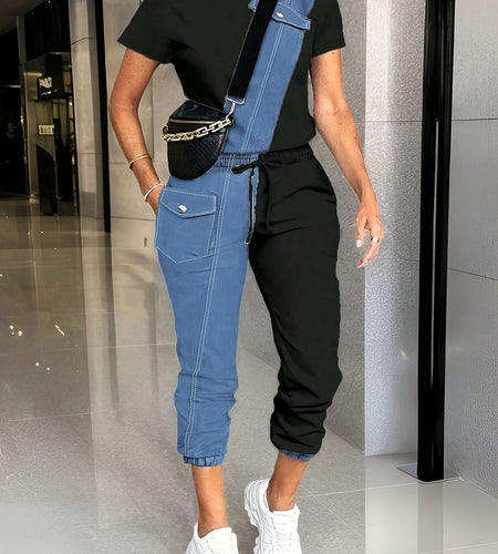 Ladies' Spring/Summer Casual Color blocked Short sleeved Pants Set  Round neck Short sleeved Top and Drawstring Pants Elegant and Loose,