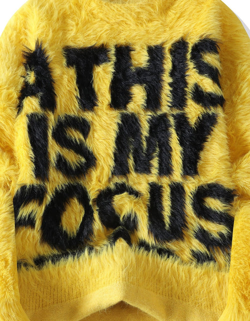 Load image into Gallery viewer, Men&#39;s Thick Fuzzy Sweater with Fleece &amp; &quot;THIS IS MY FOCUS&quot; Letter Print - White/Black Winter Warm Coat Jacket-like Collar, Loose Fit Round Neck Pullover for Casual &amp; Wear (No-Sew Design)
