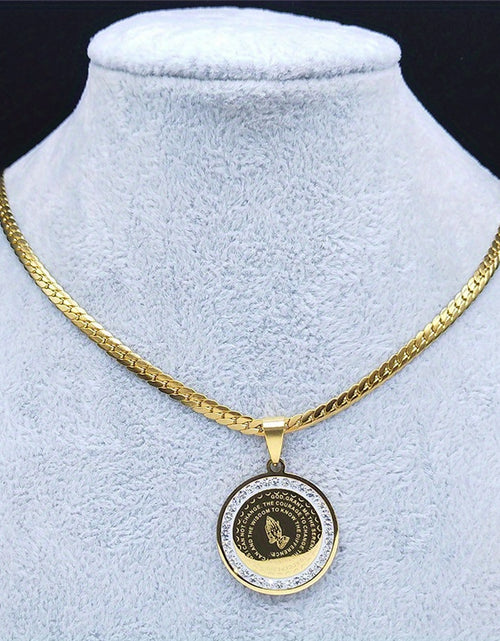 Load image into Gallery viewer, Elegant Golden-Tone Stainless Steel Serenity Prayer Hand Pendant Necklace with Crystal Accents - Hip Hop/Vintage Style Religious Jewelry for Men &amp; Women, Perfect for Daily Wear

