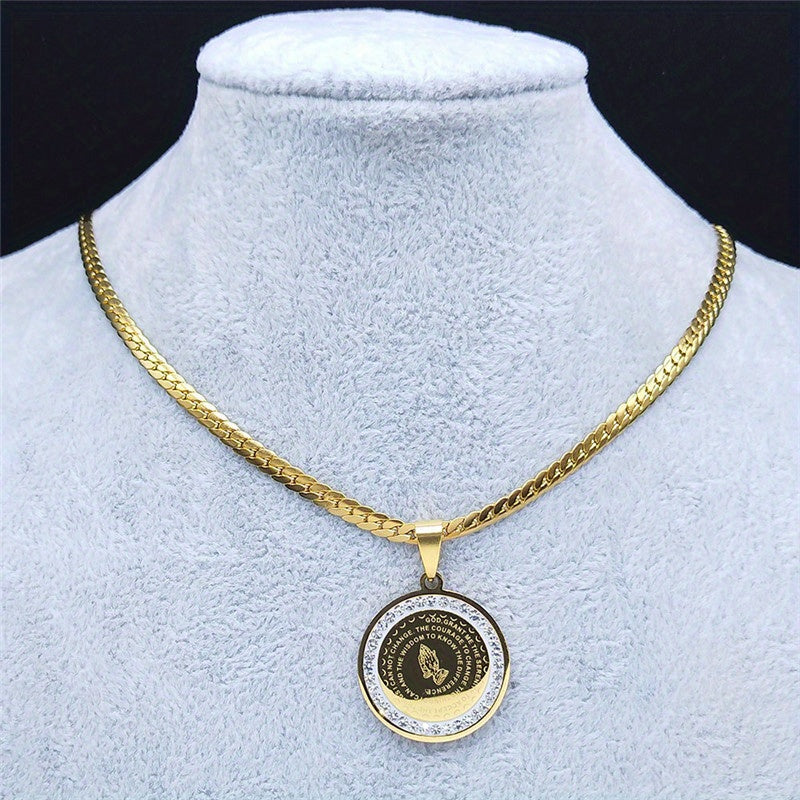 Elegant Golden-Tone Stainless Steel Serenity Prayer Hand Pendant Necklace with Crystal Accents - Hip Hop/Vintage Style Religious Jewelry for Men & Women, Perfect for Daily Wear