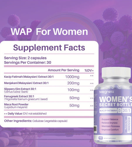 Megneta Advanced Feminine Care - Natural Hydration, Comfort, Elasticity, Balance - 30 Servings with Kacip Fatimah, Fenugreek, Slippery Elm Bark, Manjakani, and Maca Root