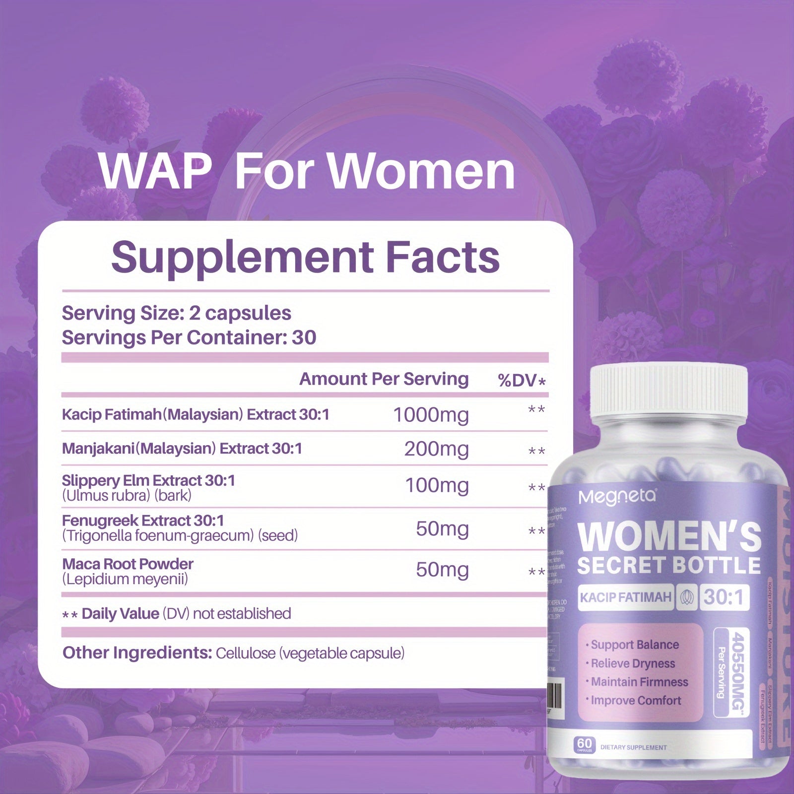 Megneta Advanced Feminine Care - Natural Hydration, Comfort, Elasticity, Balance - 30 Servings with Kacip Fatimah, Fenugreek, Slippery Elm Bark, Manjakani, and Maca Root