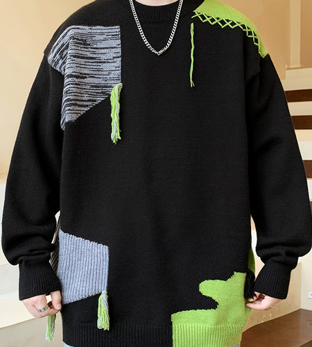 Men Preppy Crew Neck Sweater - Skinny Fit Thick Warm Knit Sweater, Grey/Black/White/, Fall Winter Office & Casual Outfits, Autumn Wardrobe, Long Sleeve Top, Textured Fabric