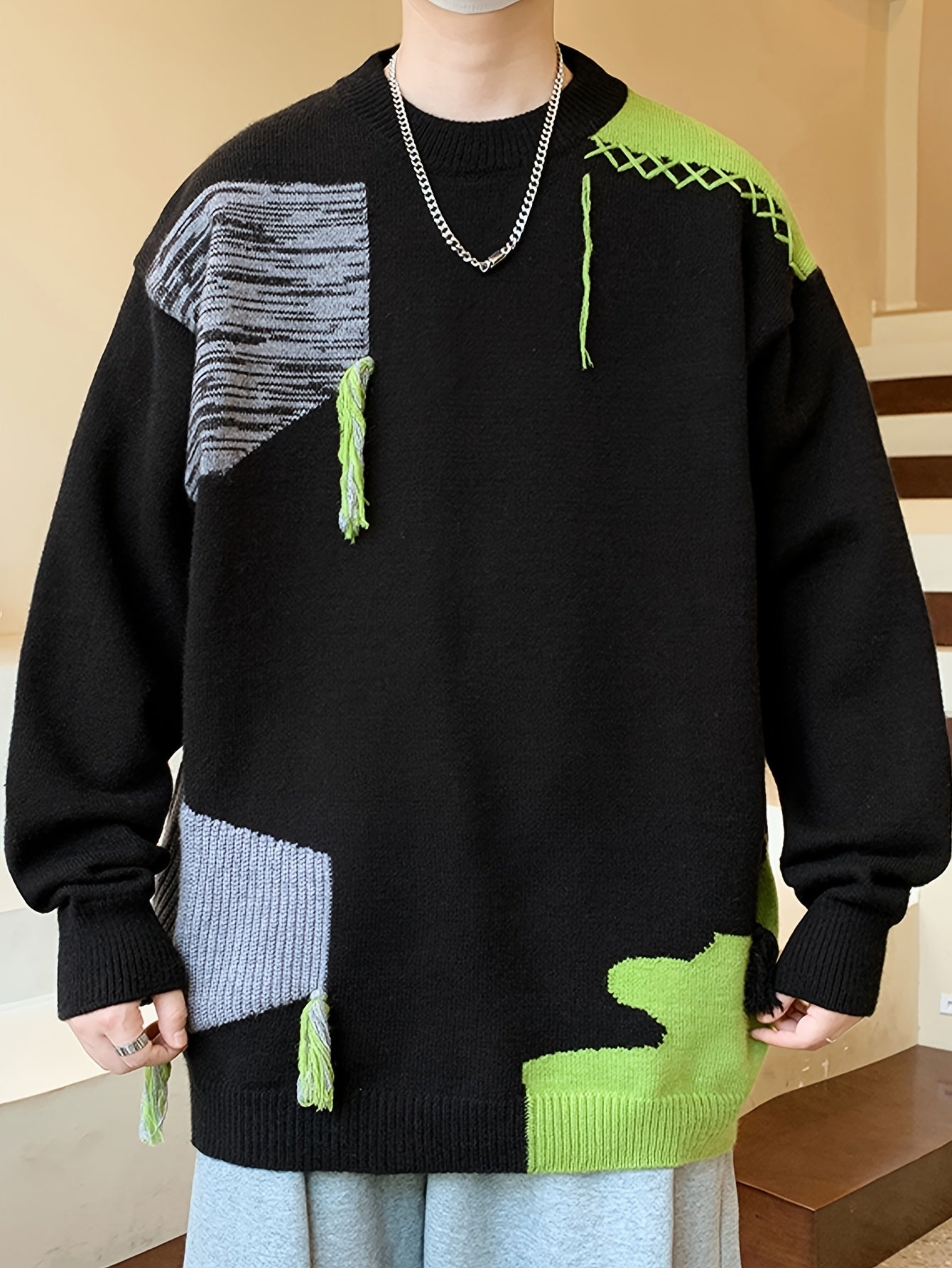 Men Preppy Crew Neck Sweater - Skinny Fit Thick Warm Knit Sweater, Grey/Black/White/, Fall Winter Office & Casual Outfits, Autumn Wardrobe, Long Sleeve Top, Textured Fabric
