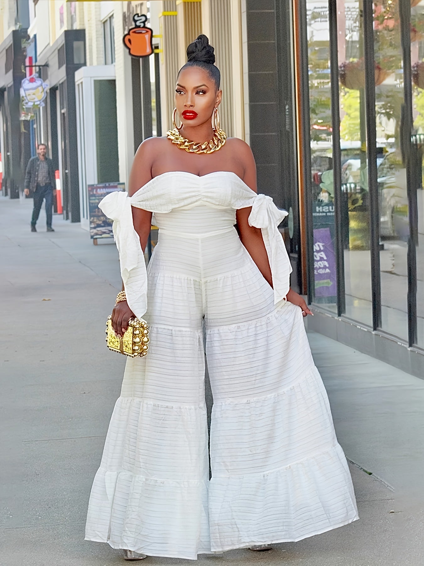 [Elegant Jumpsuit] White Elegant Off-Shoulder Wide-Leg Jumpsuit for Women | Sleeveless, High-Low Hem, Ruffle Detail, Textured Fabric, Perfect for Spring/Summer Parties & Casual Outings