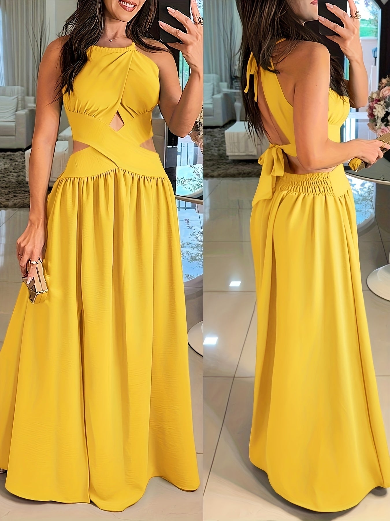 Sexy Backless Women's Evening Gown | Long Flared Skirt Formal Party Dress with Waist Cross Straps & Open Back, Round Neck Spring Summer Casual to Formal Attire