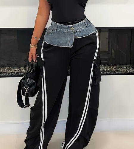 Denim Paneled Elastic Waistband Pull-up Loose Straight-leg Pants Striped Casual Sweatpants Women Trousers